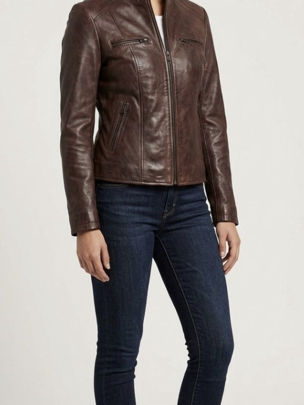 Women's Dark Brown Leather Zip Jacket